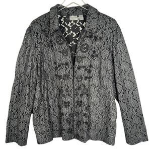 Chico's Women's Floral Lace Blazer Jacket 3 US L Black Embroidered Beaded Work